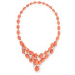 A VINTAGE CORAL AND DIAMOND NECKLACE CIRCA 1970 comprising a row of graduated polished coral