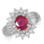 A BURMA NO HEAT RUBY AND DIAMOND CLUSTER RING set with an oval cut ruby and round and baguette cut