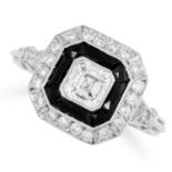 A DIAMOND AND ONYX TARGET RING set with an asscher cut diamond in a border of polished onyx and