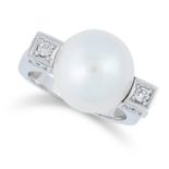 A PEARL AND DIAMOND RING set with a large pearl between round cut diamonds, size J / 5, 9.5g.