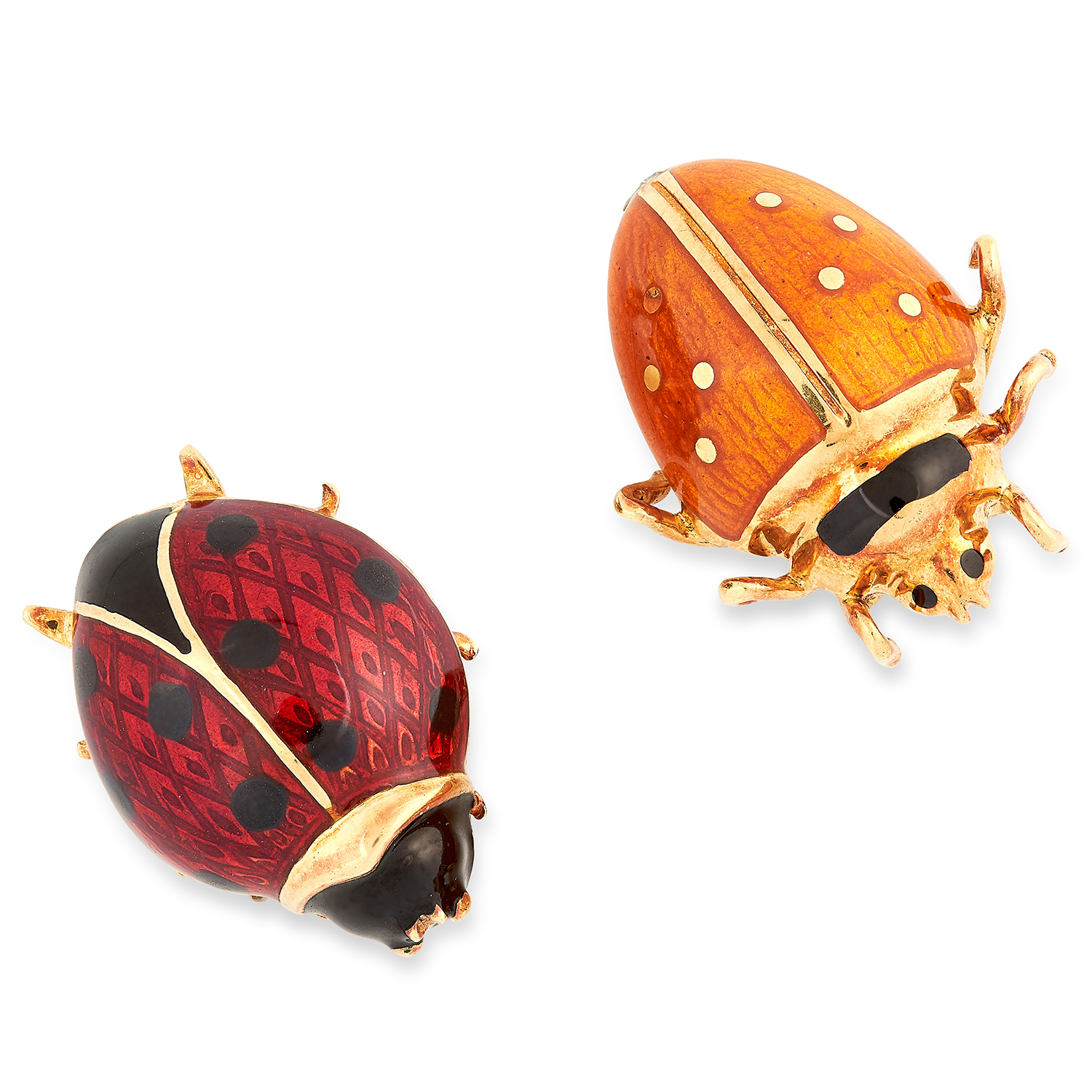 A PAIR OF ENAMELLED LADYBIRD BROOCHES set with black, red and orange enamel, 2.2cm each, total
