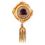 AN ANTIQUE GARNET AND PEARL MOURNING BROOCH, 19TH CENTURY set with a cabochon garnet and a pearl