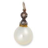 A PEARL AND DIAMOND PENDANT set with a pearl of 11.0mm accented by rose cut diamonds, 2.3cm, 2.2g.