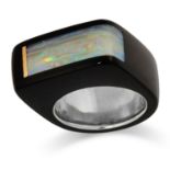 OPAL AND HARDSTONE DRESS RING in abstract design, formed of a black hardstone inlaid with opal, size