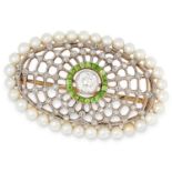 AN ANTIQUE DEMANTOID GARNET, PEARL AND DIAMOND BROOCH set with a central old cut diamond within an