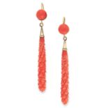 A PAIR OF ANTIQUE CORAL EARRINGS set with a polished coral bead suspending a carved coral drop, 6.