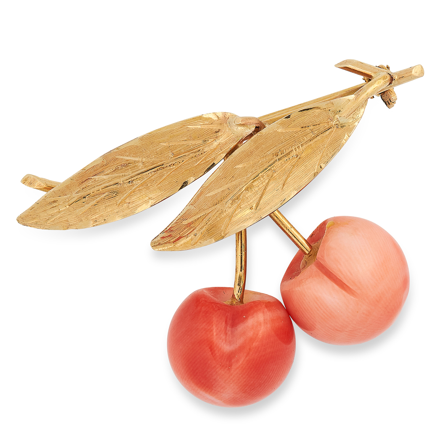A CORAL CHERRY BROOCH designed as a pair of cherries with carved coral bodies and engraved gold