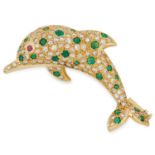 GEMSET DOLPHIN BROOCH set with round cut ruby, emerald and diamonds, 4.8cm, 10.5g.