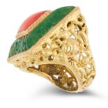 ANTIQUE JADE AND CORAL DRESS RING set with a central cabochon coral in a carved jade border, size