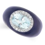 AQUAMARINE, DIAMOND AND ENAMEL RING set with an oval cut diamond in a border of round cut diamonds