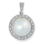A PEARL AND DIAMOND CLUSTER PENDANT set with a pearl of 13.8mm in a cluster of round cut diamonds,