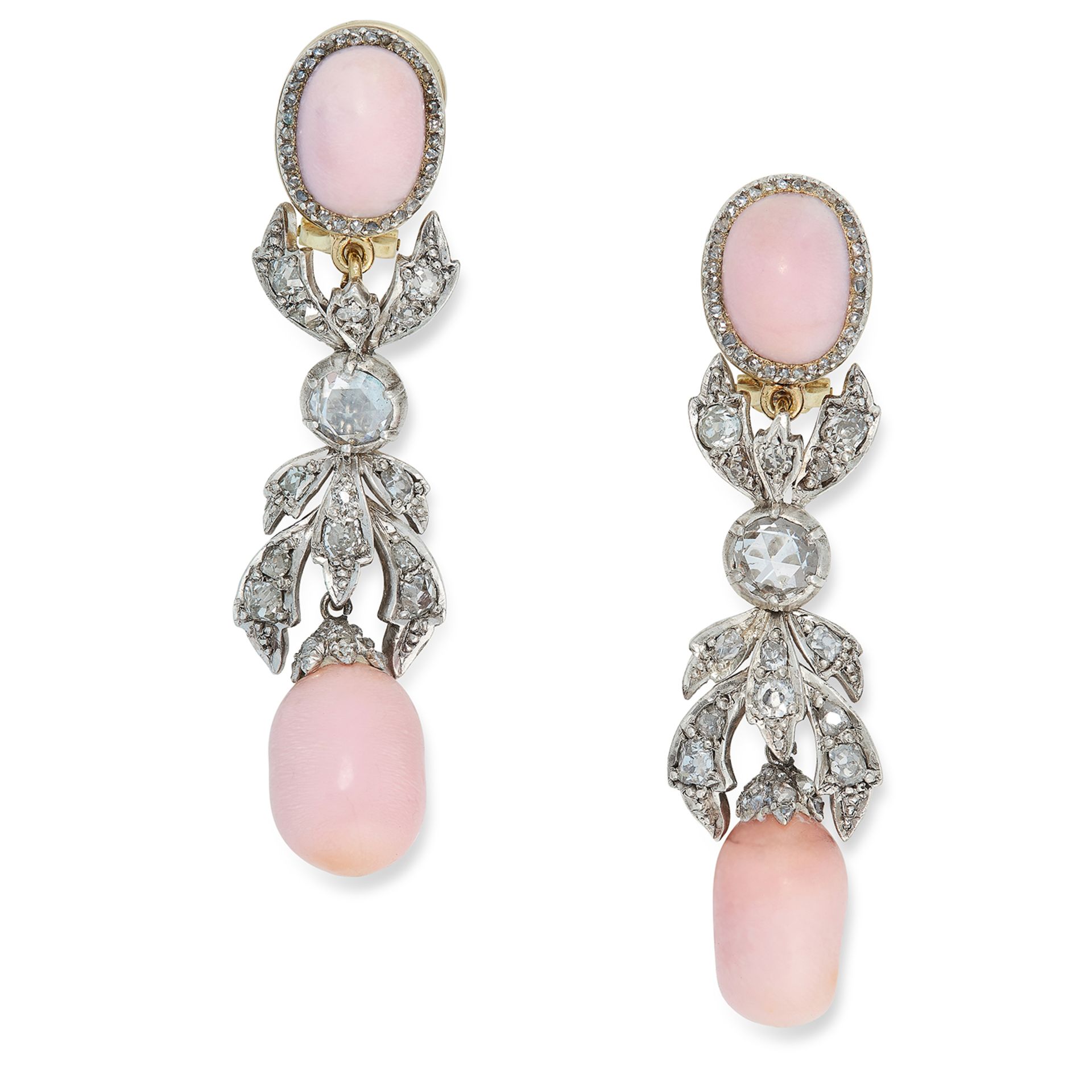 A PAIR OF ANTIQUE CONCH PEARL AND DIAMOND DROP EARRINGS set with conch pearls and old and rose cut