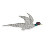 AN ANTIQUE DIAMOND AND ENAMEL PHEASANT BROOCH set with rose cut diamonds and red and green enamel,