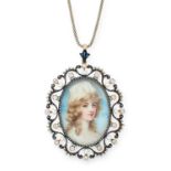 AN ANTIQUE PORTRAIT MINIATURE PENDANT NECKLACE set with a painted miniature of a lady in a border