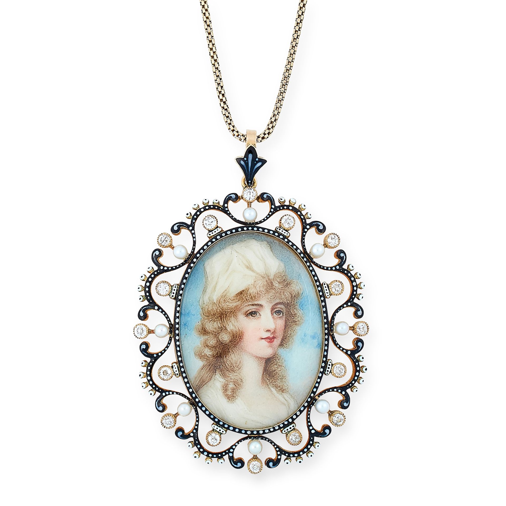 AN ANTIQUE PORTRAIT MINIATURE PENDANT NECKLACE set with a painted miniature of a lady in a border