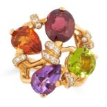 A GEMSET DRESS RING, CHANEL set with an oval cut garnet, round cut peridot, pear cut citrine and