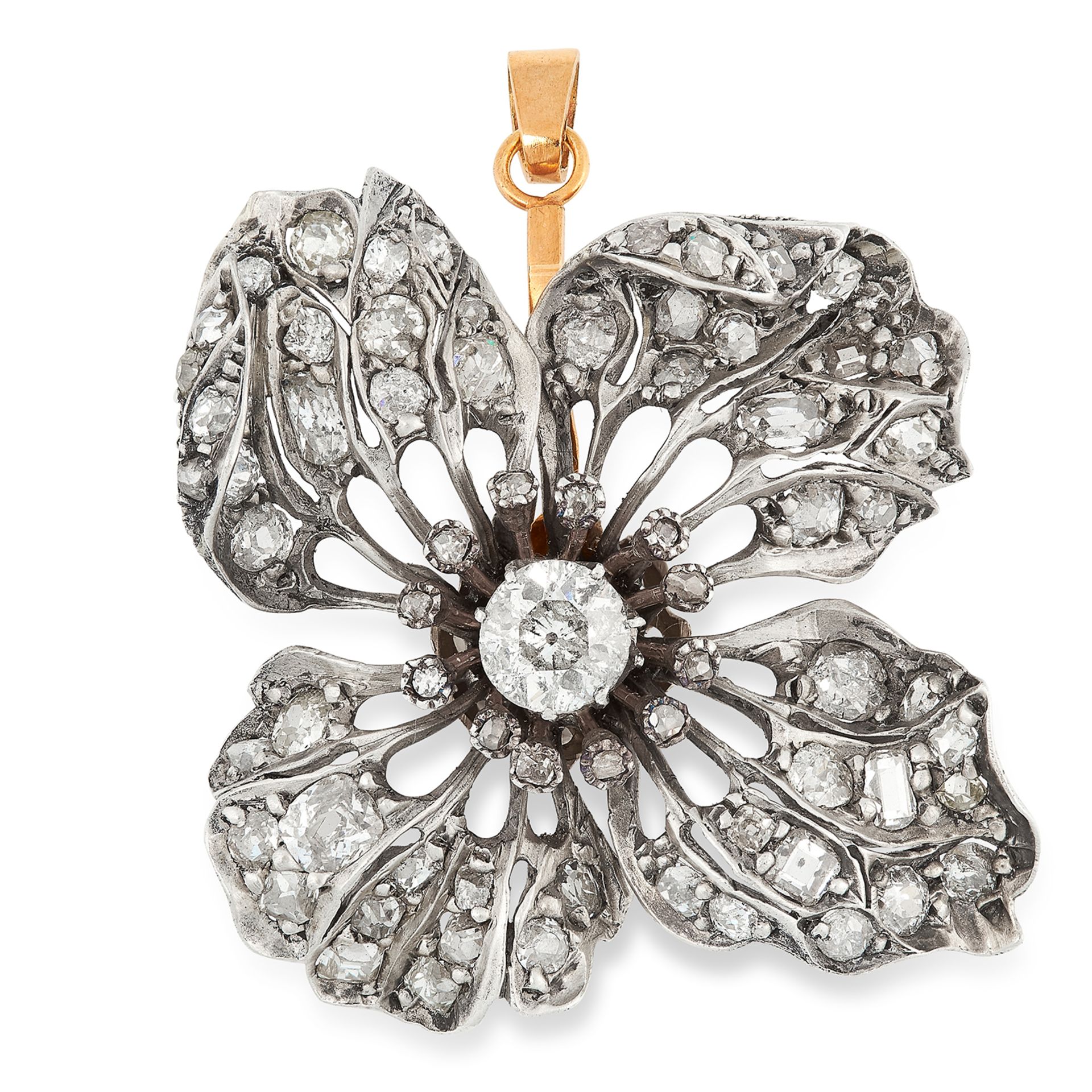 AN ANTIQUE DIAMOND FLOWER RING / BROOCH / PENDANT the flower head design set with a principal old - Bild 3 aus 3