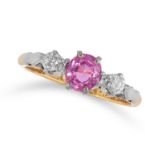 AN ANTIQUE UNHEATED PINK SAPPHIRE AND DIAMOND THREE STONE RING in 18ct yellow gold and platinum, the