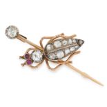 AN ANTIQUE GEMSET BEETLE BROOCH set with rose cut diamond and cabochon rubies, 5.2cm, 6g.