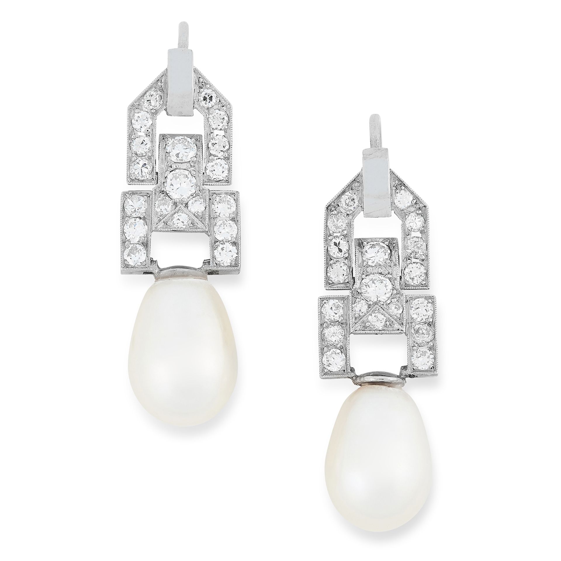 A PAIR OF PEARL AND DIAMOND EARRINGS the articulated body of each set with round cut diamonds