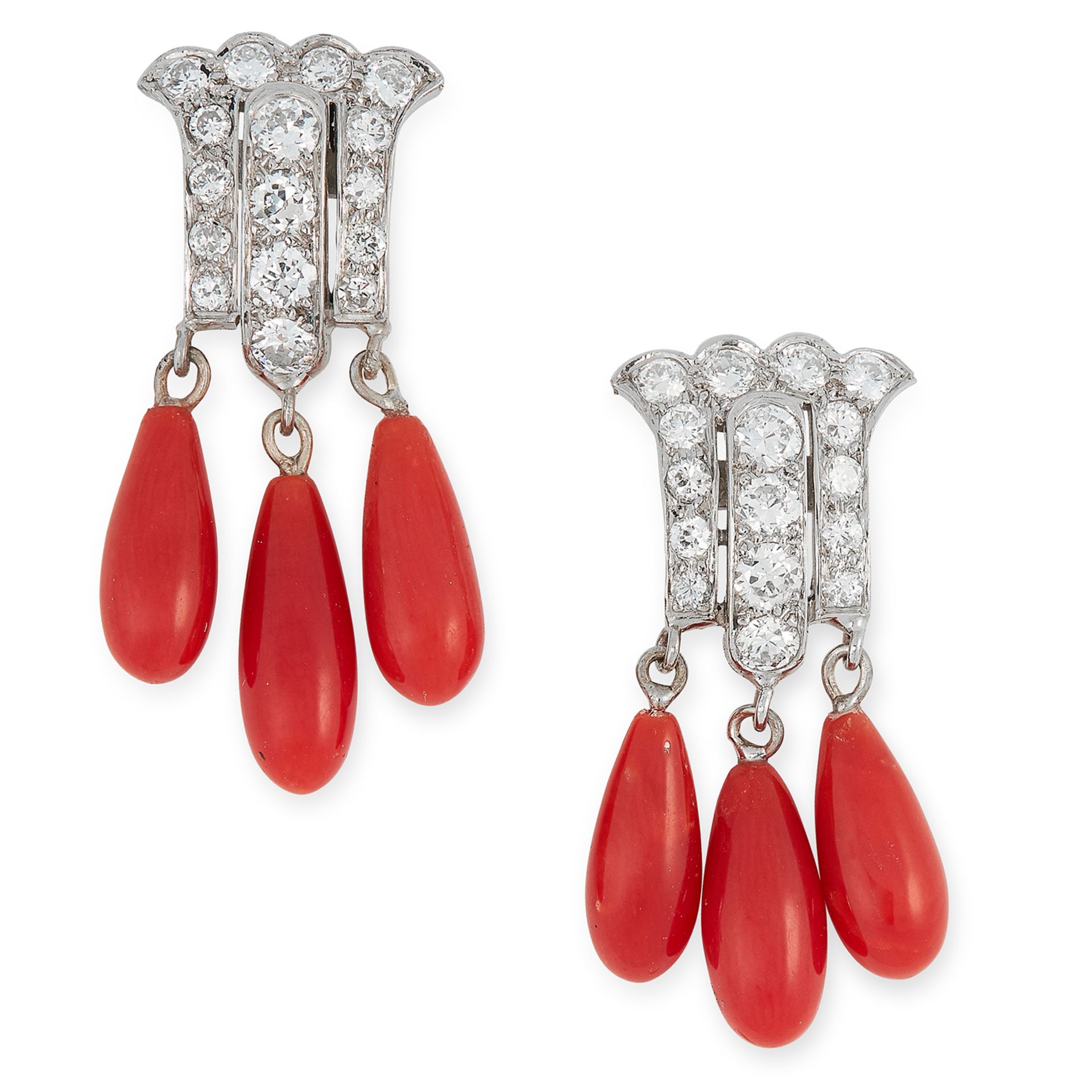 CORAL AND DIAMOND EARRINGS in Art Deco design each set with round cut diamonds suspending three