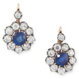 SAPPHIRE AND DIAMOND CLUSTER EARRINGS each set with a round cut sapphire in a border of round cut