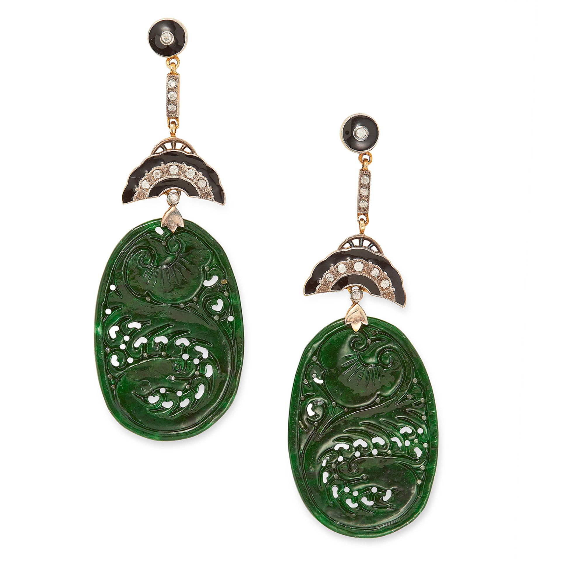 A PAIR OF JADE, ONYX AND DIAMOND EARRINGS in Art Deco design set with carved jade plaques, round cut