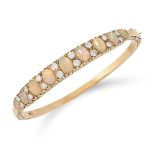 AN OPAL AND DIAMOND BANGLE set with alternating cabochon opals and round cut diamonds, 6cm inner
