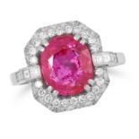 AN ART DECO BURMA NO HEAT 4.26 CARAT RUBY AND DIAMOND RING, set with an oval cut ruby of 4.26cts