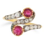 A RUBY AND DIAMOND TOI ET MOI RING set with two round cut rubies and old cut diamonds, size L / 5.5,