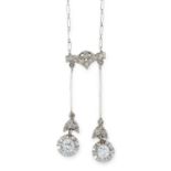 AN ANTIQUE EDWARDIAN DIAMOND DOUBLE DROP PENDANT NECKLACE set with old and rose cut diamonds, French
