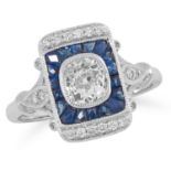 A DIAMOND AND SAPPHIRE DRESS RING set with a central old cut diamond in a border of calibre cut