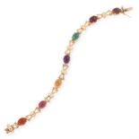 A GEMSET BRACELET set with various coloured cabochon cut gemstones, stamped 375, 3.5cm, 15.6g.