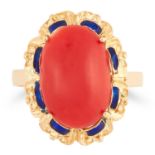 CORAL AND ENAMEL RING set with a cabochon coral in a border of blue enamel, size M / 6, 4.2g.