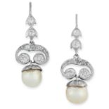A PAIR OF ANTIQUE NATURAL PEARL AND DIAMOND EARRINGS set with old cut diamonds and natural pearls,