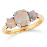 AN OPAL THREE STONE RING set with three opal cabochons, stamped 18ct, size L / 6, 3.4g.