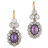 A PAIR OF ANTIQUE PASTE AND AMETHYST DROP EARRINGS set with round cut white paste and oval cut