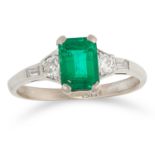 AN EMERALD AND DIAMOND DRESS RING set with an emerald cut emerald and round and step cut diamonds,