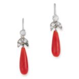 CORAL AND DIAMOND DROP EARRINGS each comprising of round cut diamond top suspending a polished coral