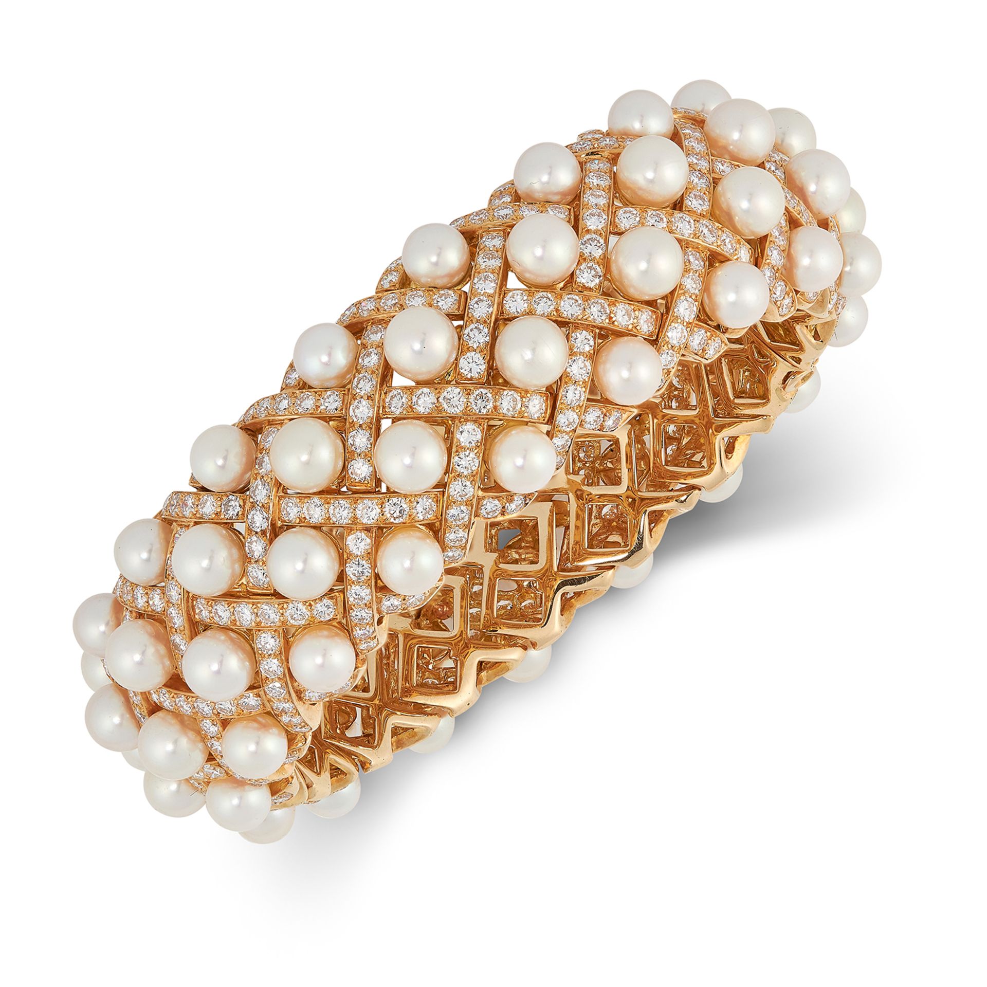 A DIAMOND AND PEARL MATELASSE BRACELET, CHANEL designed as an openwork lattice set with pearls and