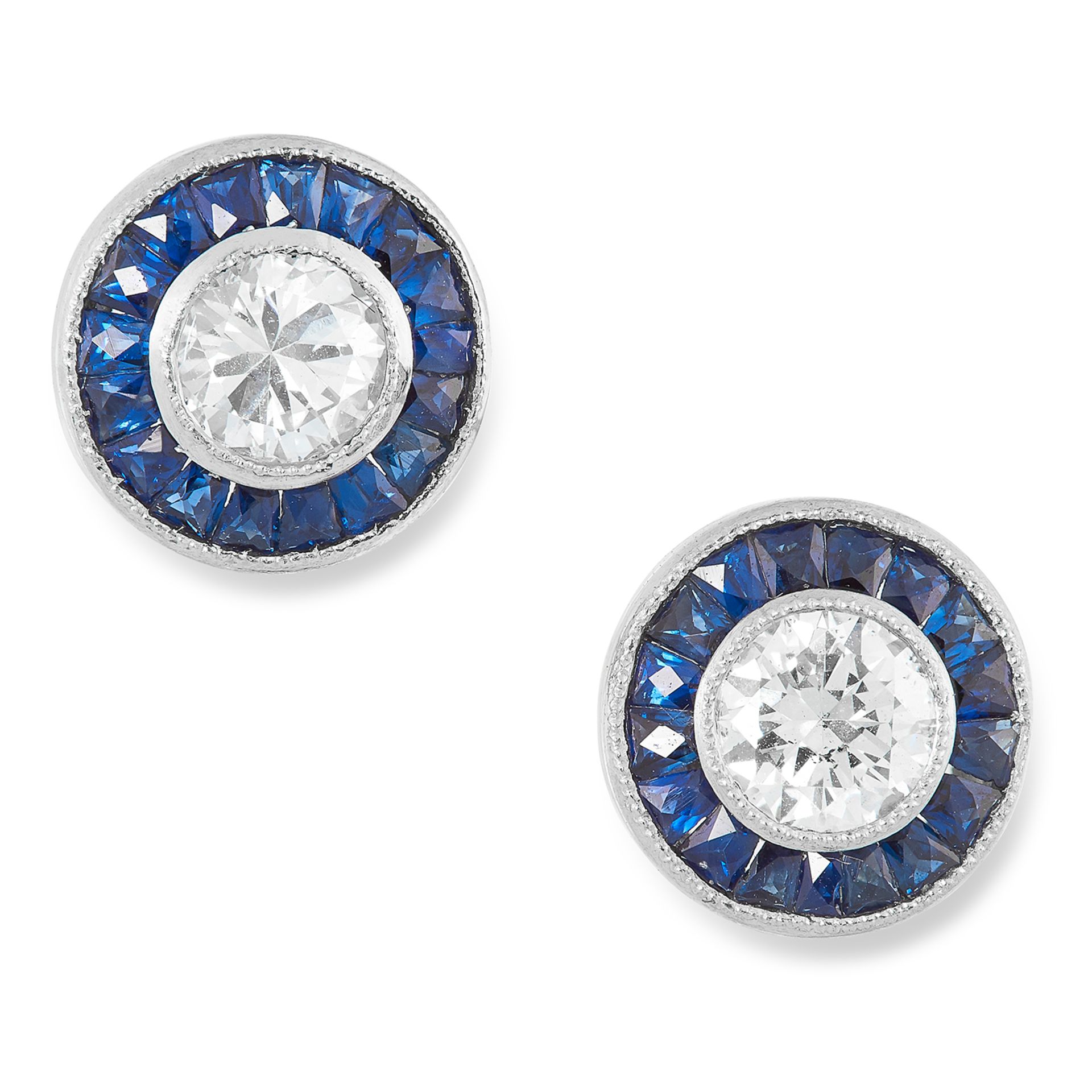 A PAIR OF DIAMOND AND SAPPHIRE TARGET EARRINGS each set with a round cut diamonds and step cut