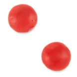 A PAIR OF CORAL BEAD STUD EARRINGS each set with a single piece of polished coral, 0.9cm, 2g.