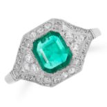 AN EMERALD AND DIAMOND DRESS RING set with an emerald cut emerald of approximately 1.0 carats,