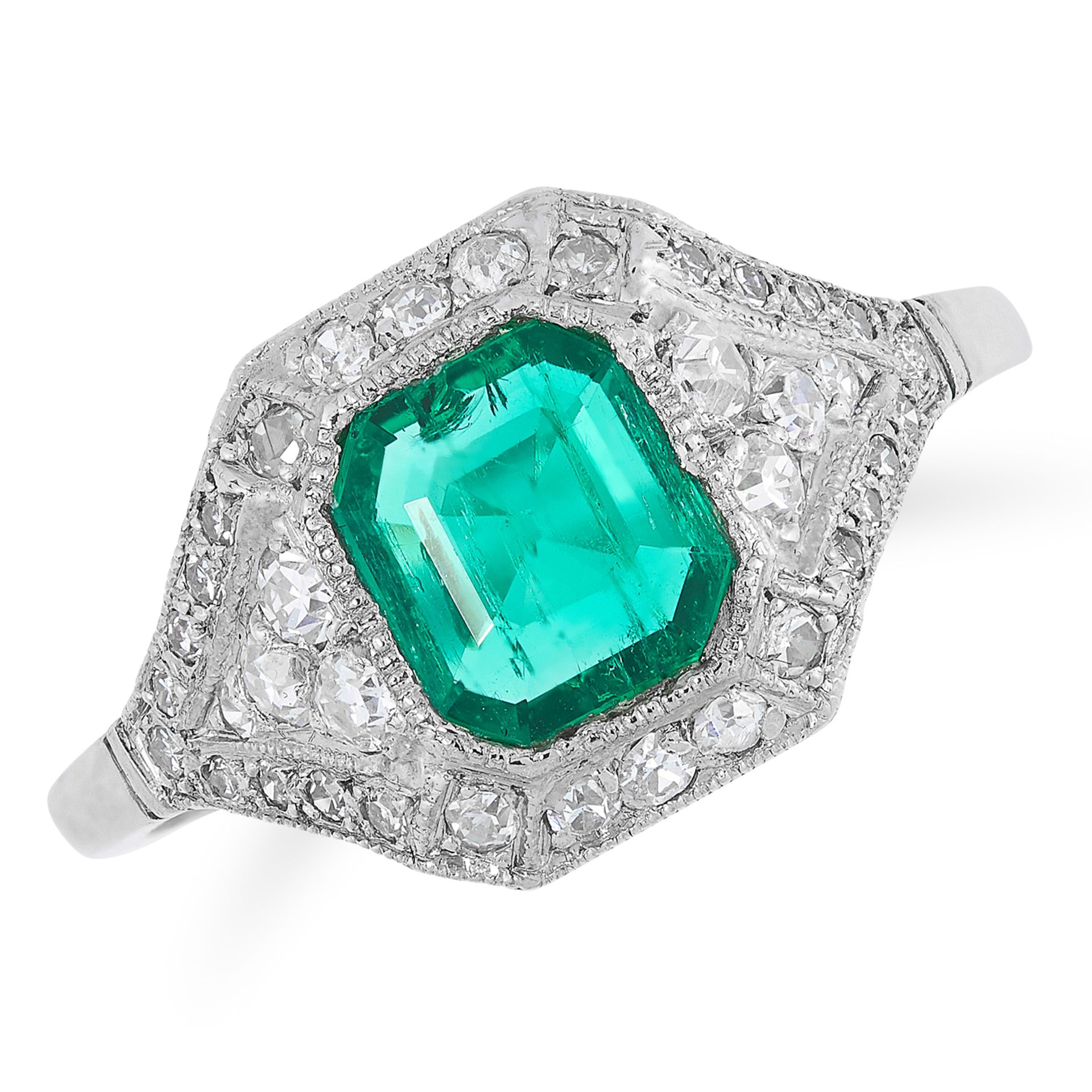 AN EMERALD AND DIAMOND DRESS RING set with an emerald cut emerald of approximately 1.0 carats,