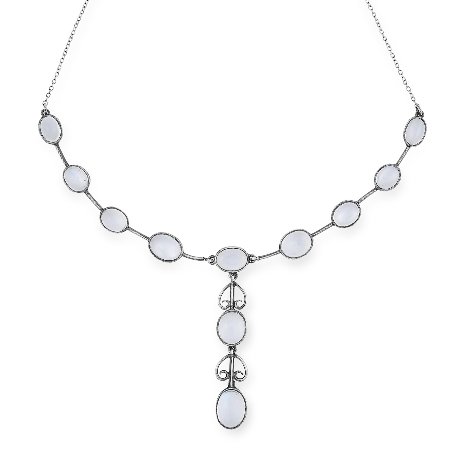 AN ARTS AND CRAFTS MOONSTONE NECKLACE set with cabochon moonstones accented by scrolling motifs,