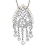 AN ANTIQUE DIAMOND AND PEARL PENDANT the open body set with old cut diamonds and pearls, set on a