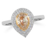 A FANCY DIAMOND CLUSTER RING set with a pear cut fancy diamond in a halo of round cut diamonds, size