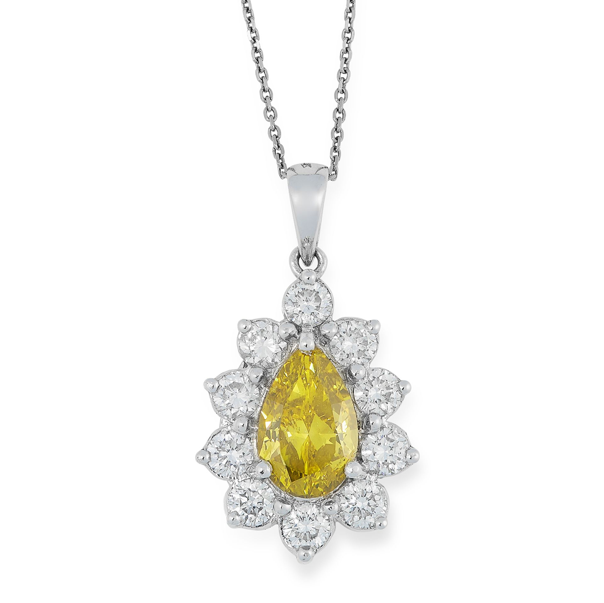 A YELLOW DIAMOND AND DIAMOND PENDANT set with a pear cut yellow diamond of 3.02 carats in a