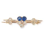 SAPPHIRE AND DIAMOND BROOCH set with clusters of old cut diamonds and sapphires, 3.9cm, 3.7g.