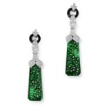 A PAIR OF JADE, DIAMOND AND ONYX EARRINGS in Art Deco design each comprising of round cut